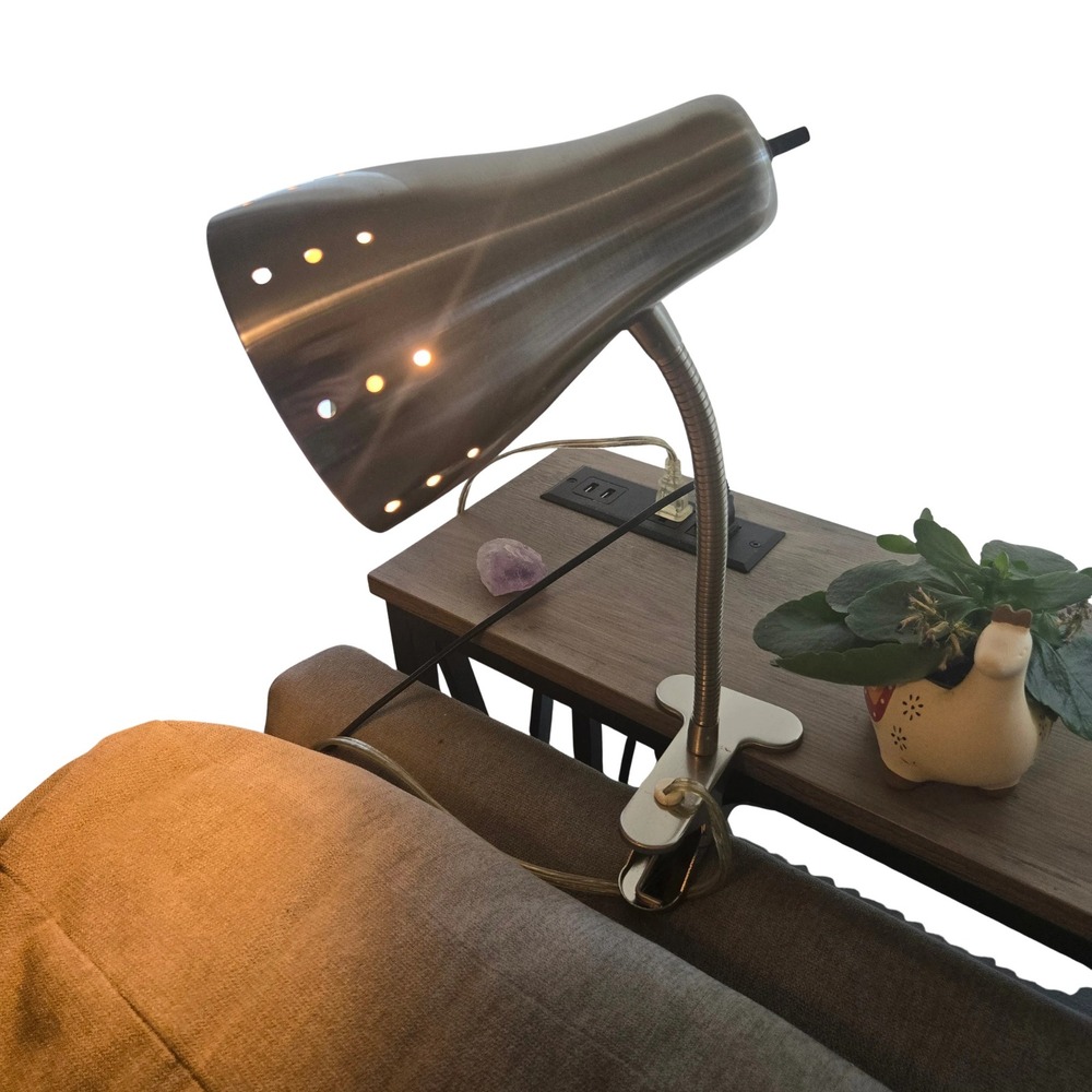 Brushed Silver Gooseneck Clip On Lamp Perforated Metal Shade MCM Task Light‎